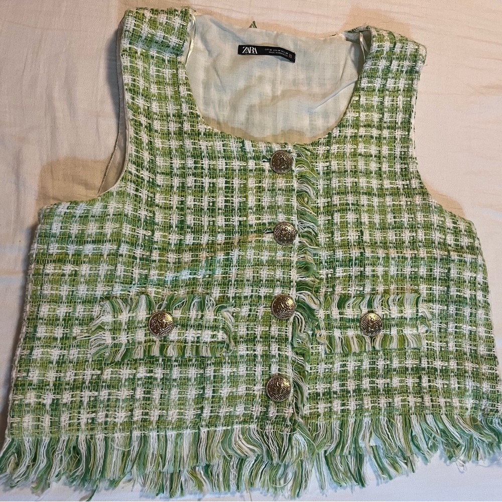 Zara Tweed Vest Top in Green and Cream